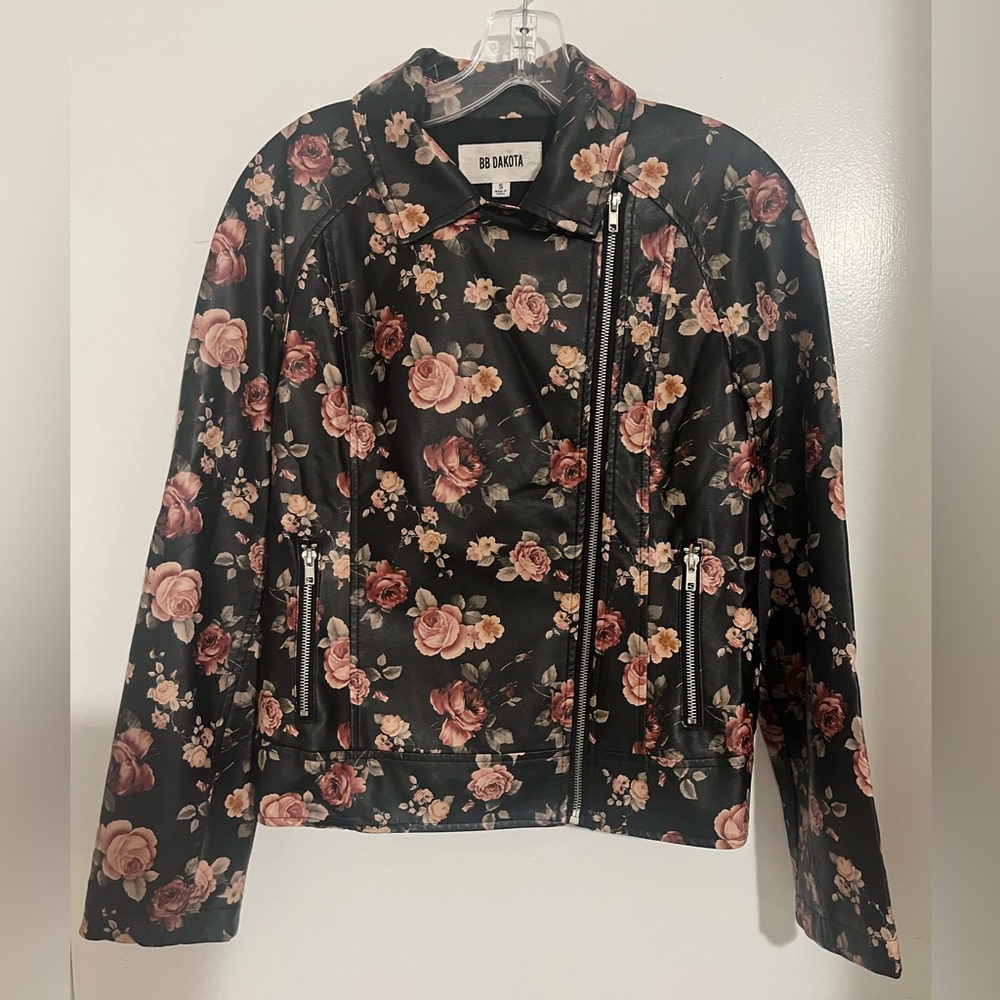 BB Dakota Black Pink Floral Rose Soft Leather Moto Jacket